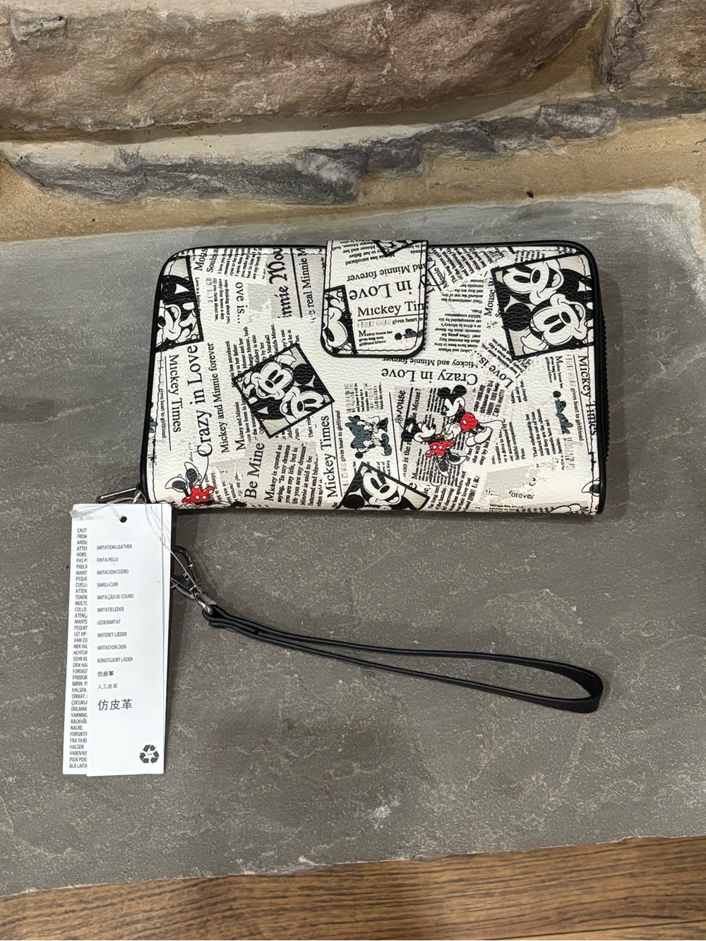Disney Black & White Mickey Newspaper Print Wristlet